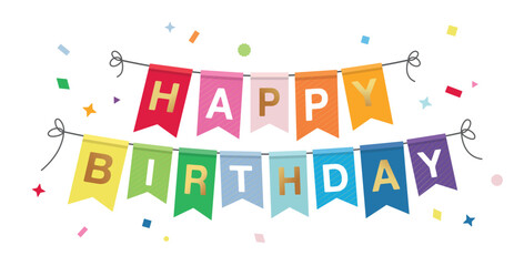 Happy birthday party banner. Colorful party flags isolated on white background.