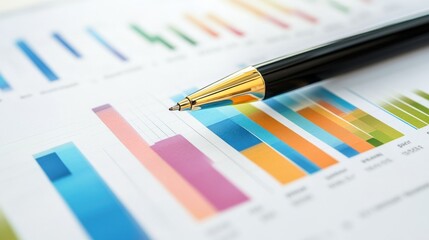 Colorful business graphs and charts with a pen on a white background, illustrating data analysis and insights for presentations.