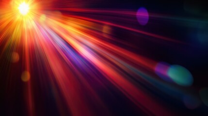 Obraz premium Rays motion. Blur light. Rainbow glare. Defocused red blue orange color glow lens flare reflection on dark black illustration collage abstract background.