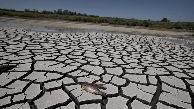 Parched Earth and Fish Remains in a Desolate Drought Landscape
