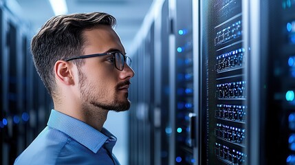 Hacker data center power threat. Man observing data servers in a modern server room.