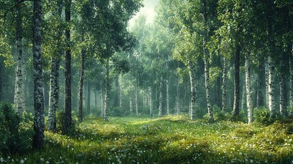 Obraz premium Serene Birch Forest With Lush Green Grass and Sunlight Filtering Through Trees
