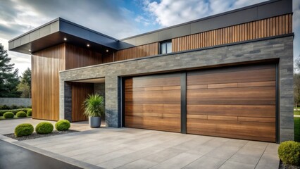 Modern architectural home with wood and stone exterior and a large wooden garage door