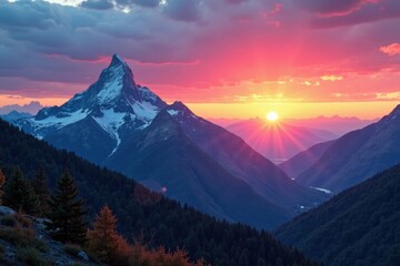 Obraz premium Majestic mountain range at sunset, colorful clouds , mountains, image, backdrop