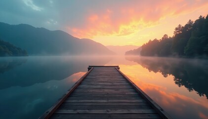 Obraz premium Misty dawn, calm lake reflects on still water, wooden dock extends , serene, light, sun