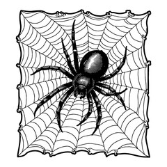 Obraz premium Detailed Spider in Web Arachnid Insect Horror Black and White Outline Line Art Drawing