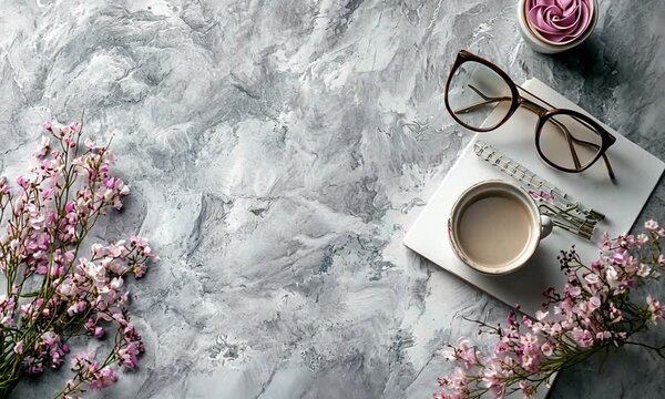 Floral Flatlay Coffee, glasses, and flowers on a textured gray background