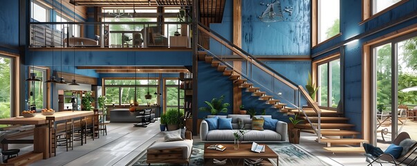Fototapeta premium Modern rustic home, blue-walled living room, wooden staircase, and large open space.