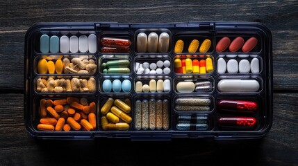 Multicolored Capsules and Pills in Weekly Organizer Compartments