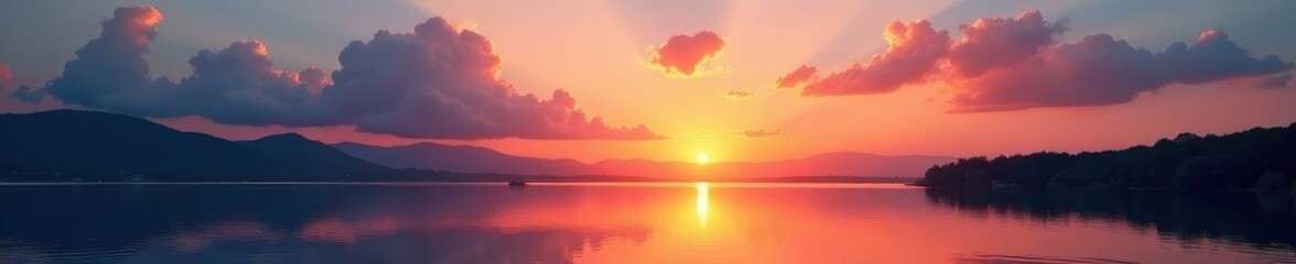 Fototapeta premium Stunning sunset over tranquil lake, vibrant cloudscape, outdoor, twilight