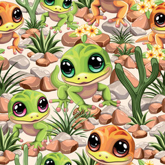 Fototapeta premium Gecko Lizard Baby Cute Cartoon Character on Desert Scenery, stones and Cactuses Childlike vector seamless repeat Textile Pattern 