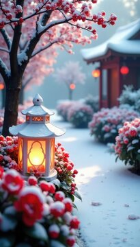 White lanterns in a snowy garden with red flowers, flowers, winter