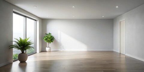 Fototapeta premium Sunlit Empty Room with Plants and Hardwood Floor, Ideal for Modern Interior Design and Home Staging