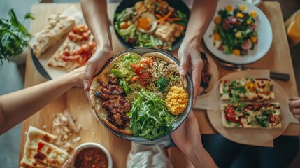 Colorful Healthy Food Spread with Hands Sharing Dishes