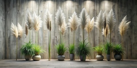 Fototapeta premium Serene Indoor Garden Arrangement Featuring Tall Pampas Grass and Lush Green Foliage in Elegant Planters Against a Weathered Wood Wall