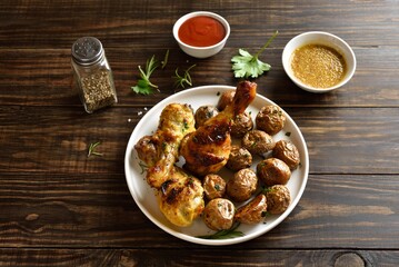 Grilled chicken drumsticks with roasted potatoes