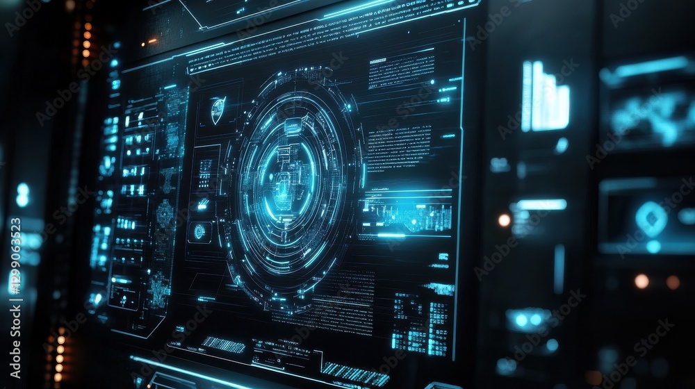 Poster futuristic interface with advanced network security protocols and digital protection