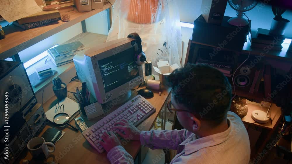 Wall mural high angle view of young male it specialist writing code in obsolete programming language on retro c