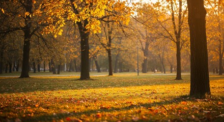 Autumn Park Scene with Golden Foliage Sunlight and Trees in Golden Hour