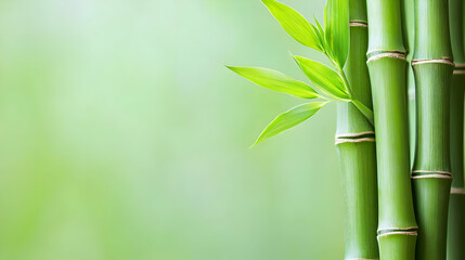 Close Up Of Green Bamboo Stems With Fresh Green Leaves And A Soft Green Background