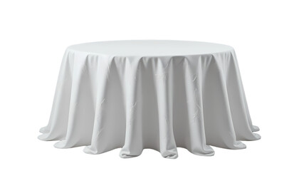 White Tablecloth Draped Over Dining Table on White Background
