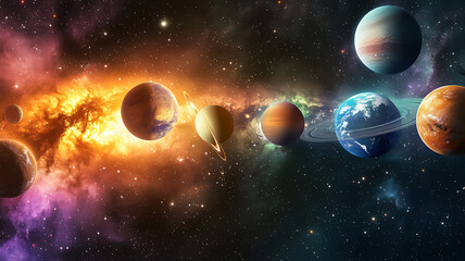 Obraz premium Celestial Planets Aligned Against Vibrant Nebula in Cosmic Space Scene