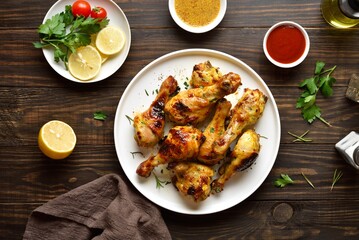 Grilled chicken drumsticks served with sauce