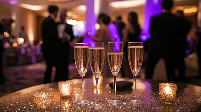 Champagne flutes stand on a glittering table as party guests dance in the background, celebrating a special occasion
