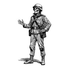 Obraz premium Skeleton in Military Uniform Full Body Black and White Outline Line Art Drawing Style