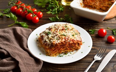 Lasagna with ground beef, ricotta cheese and tomato sauce