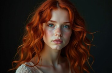 Obraz premium Young caucasian female with long red hair and soft expression in portrait