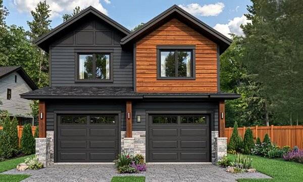 Two-story duplex homes with wood and dark siding sit on a green lawn in a suburban area, trees in background