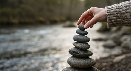 A person carefully stacking smooth stones near a flowing river, symbolizing balance and mindfulness.