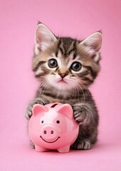Adorable Kitten and Pink Piggy Bank on Pink Background - Financial Education Concept for Kids - Pet Savings Account Promotion Image