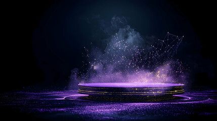 Abstract Purple Stage Illuminated With Particles And Glitter On Dark Background