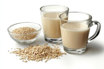plant-based milk Oat milk in glasses with oats in a bowl, showcasing a healthy plant-based beverage.