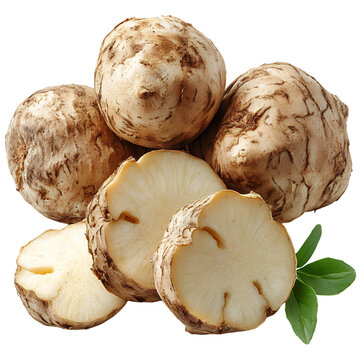 Fresh organic j cama root vegetables sliced and whole isolated transparent background