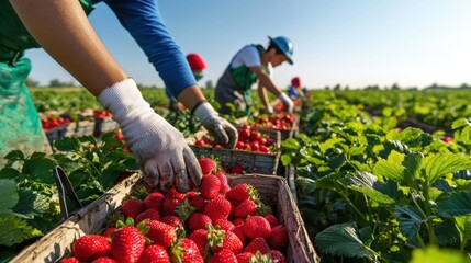 Fototapeta premium A group of people are picking strawberries in a field