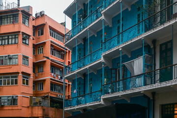 Fototapeta premium The Blue House in Wan Chai, a residential building with balconies that was popular in Hong Kong in the late 19th century