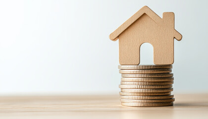 wooden house icon on stacked coins symbolizes real estate investment
