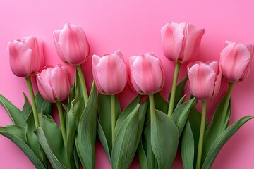 Fototapeta premium Lovely arrangement of springtime flowers. Pink tulip blossoms in a bouquet against a pastel pink backdrop. Happy Women's Day, Mother's Day, Valentine's Day, Easter, and birthday. Generative Ai