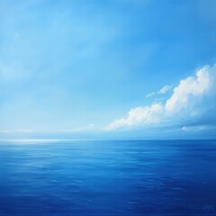 Fototapeta premium A serene painting depicting a vast blue ocean under a bright sky, featuring a fluffy white cloud drifting lazily above, capturing the tranquility of a perfect day by the sea.