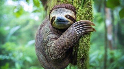Slow moving Sloth hanging from a moss covered tree its long claws gripping the branch as it gazes lazily at the world below surrounded by vibrant green rainforest