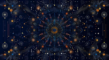 Abstract Digital Network Visualization with Blue and Golden Geometric Patterns