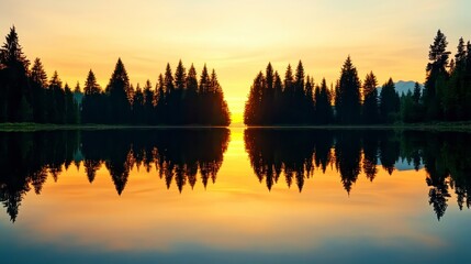 Fototapeta premium Tranquil Lake Sunrise With Silhouetted Pine Trees