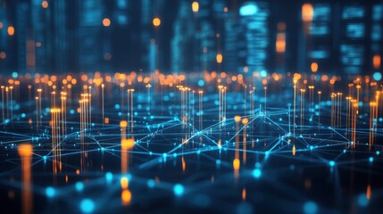 Fototapeta premium abstract innovative cyber security network, using interconnected nodes to represent business partnerships on the Smart digital Innovation city with connection network reciprocity over the smart city