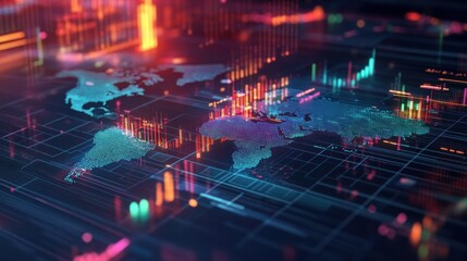 Obraz premium A colorful digital representation of global data trends with charts and graphs overlaid on a world map.