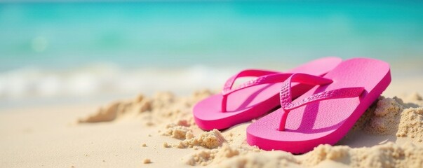 Pair of bright pink flip-flops on a sandy beach , shore, sunny, closeup