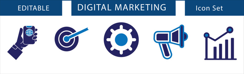 This digital marketing icon set is fully editable and scalable. Available in vector format with a minimalist design, it will fit perfectly into web, presentations, and branding.