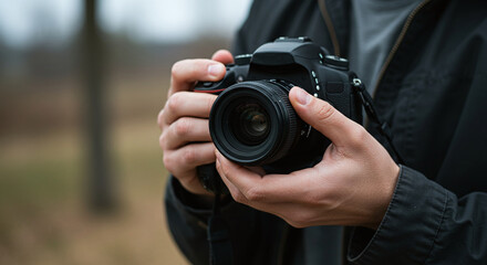 A close-up of a photographer&rsquo;s hands holding a professional DSLR camera, focusing on the lens and grip details.